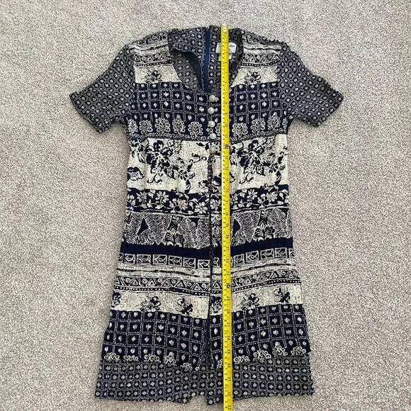 Vintage 90s Stuart Alan Boho Split Hem Geometric Floral Henley Button Dress P6 - Picture 13 of 13